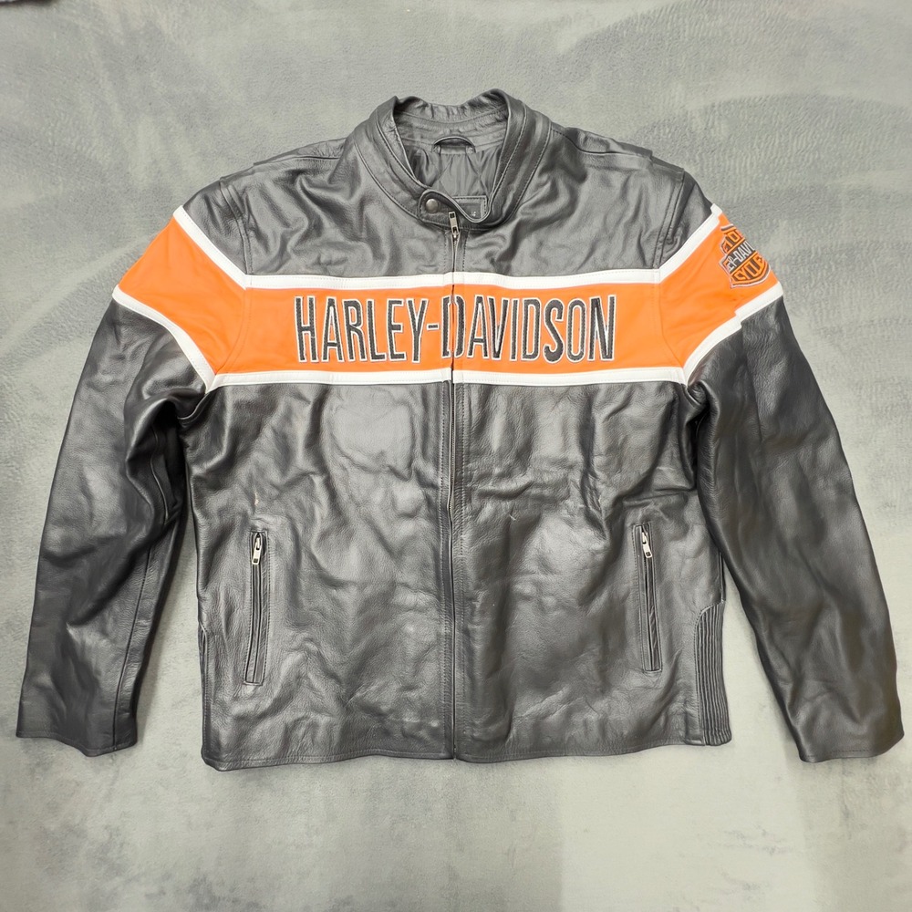 Jorde Calf Leather Motorcycle Jacket Men's 3XL Black Orange Stripe Zip Up